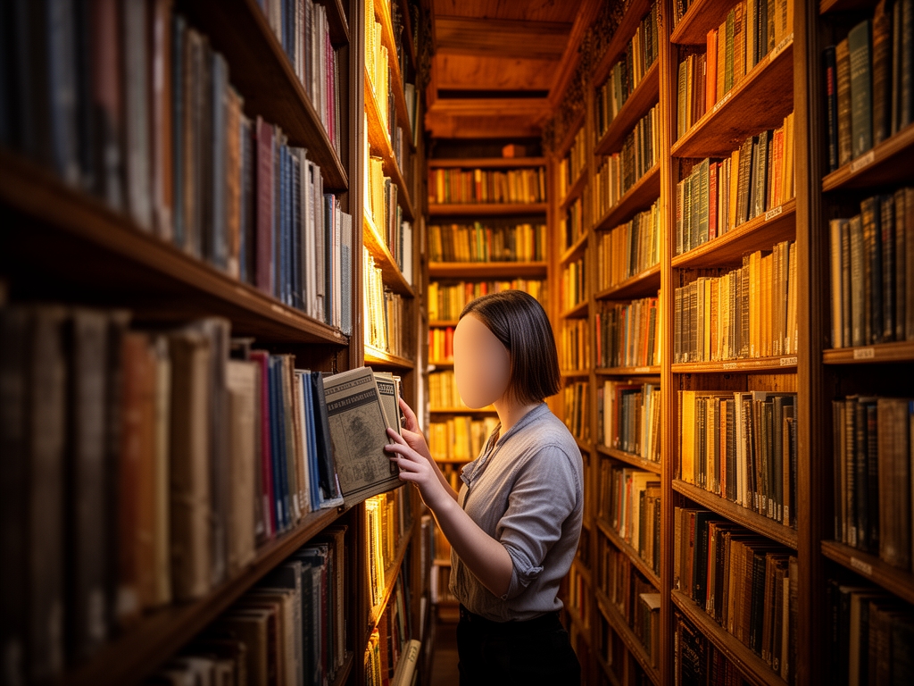 Unutrašnjost stare biblioteke sa visokim policama punim knjiga i toplim osvetljenjem, simbolizujući znanje i istraživanje, osoba bez lica pregleda knjige na polici
