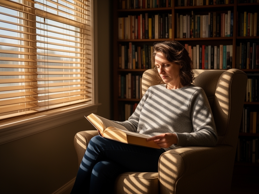 Osoba sedi u fotelji pokraj prozora i čita debelu knjigu, police pune knjiga u pozadini, toplo popodnevno sunce prolazi kroz prozorske roletne i baca dugačke senke